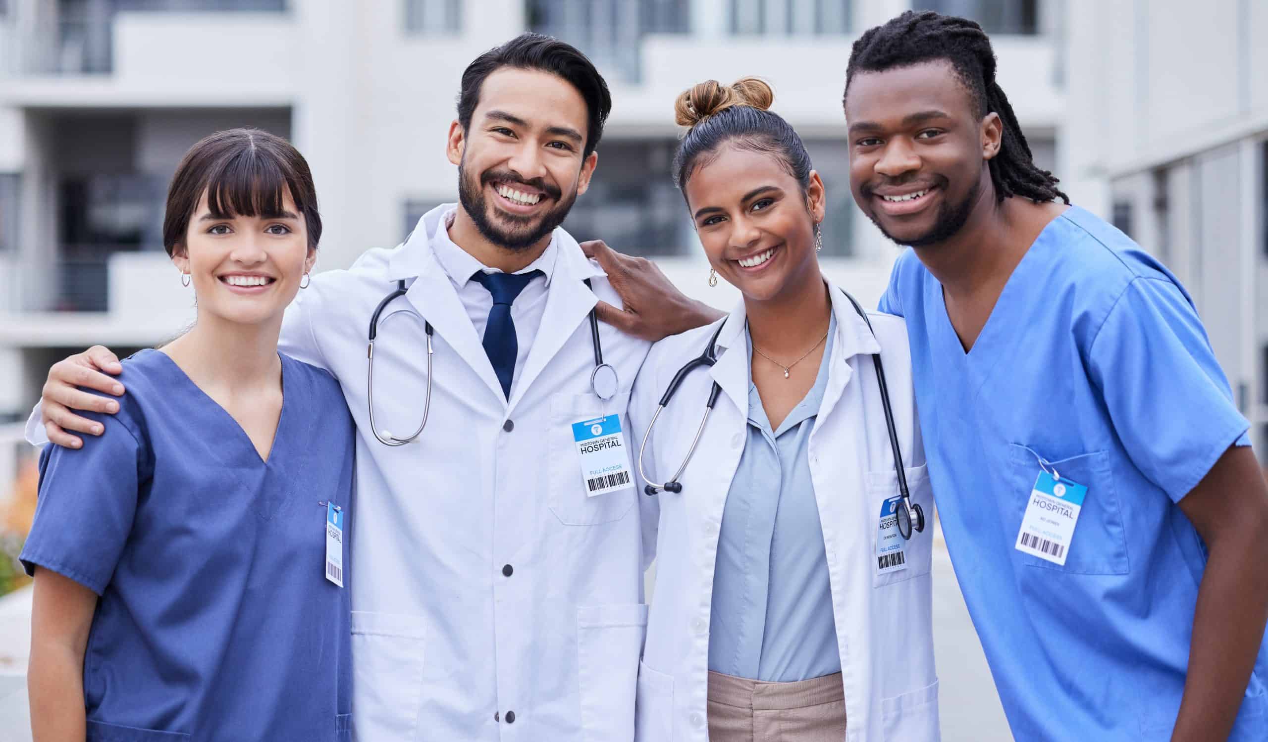 Study Medicine Abroad: 1.5 Years on Campus in N. America vs 6 Years in Europe healthcare doctors portrait hug medicine city nursing outdoor medical team happy support teamwork health collaboration solidarity working together portugal scaled