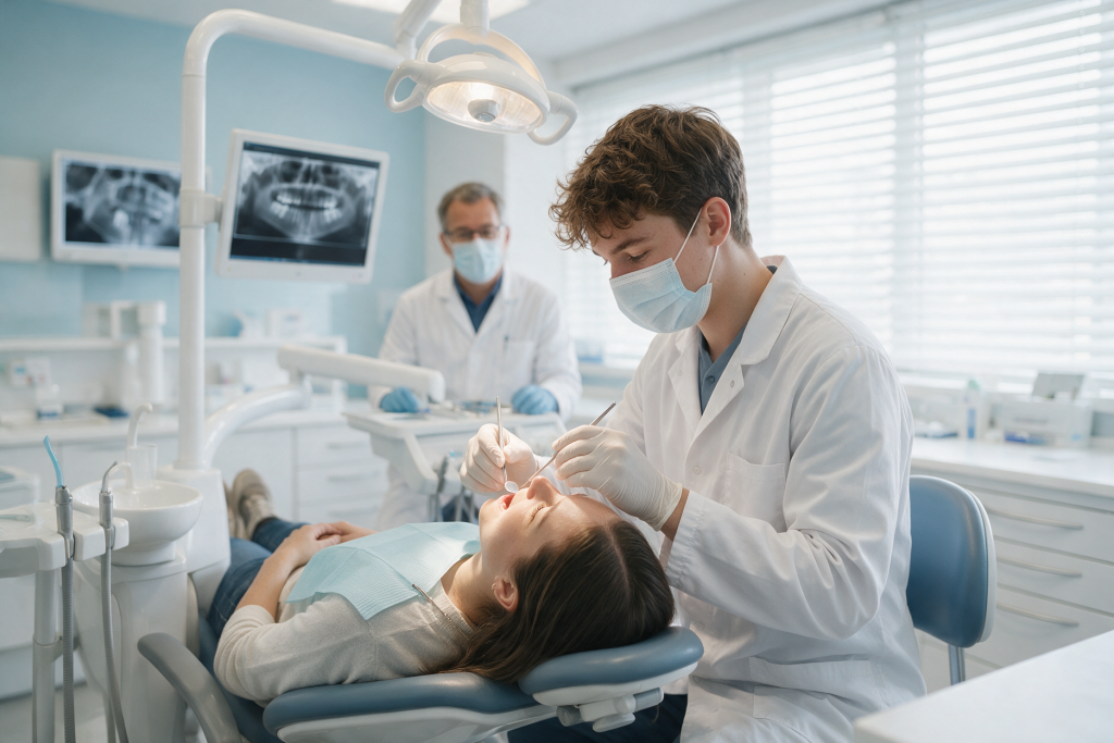 magnific photorealistic photo of a young dental student in 59635